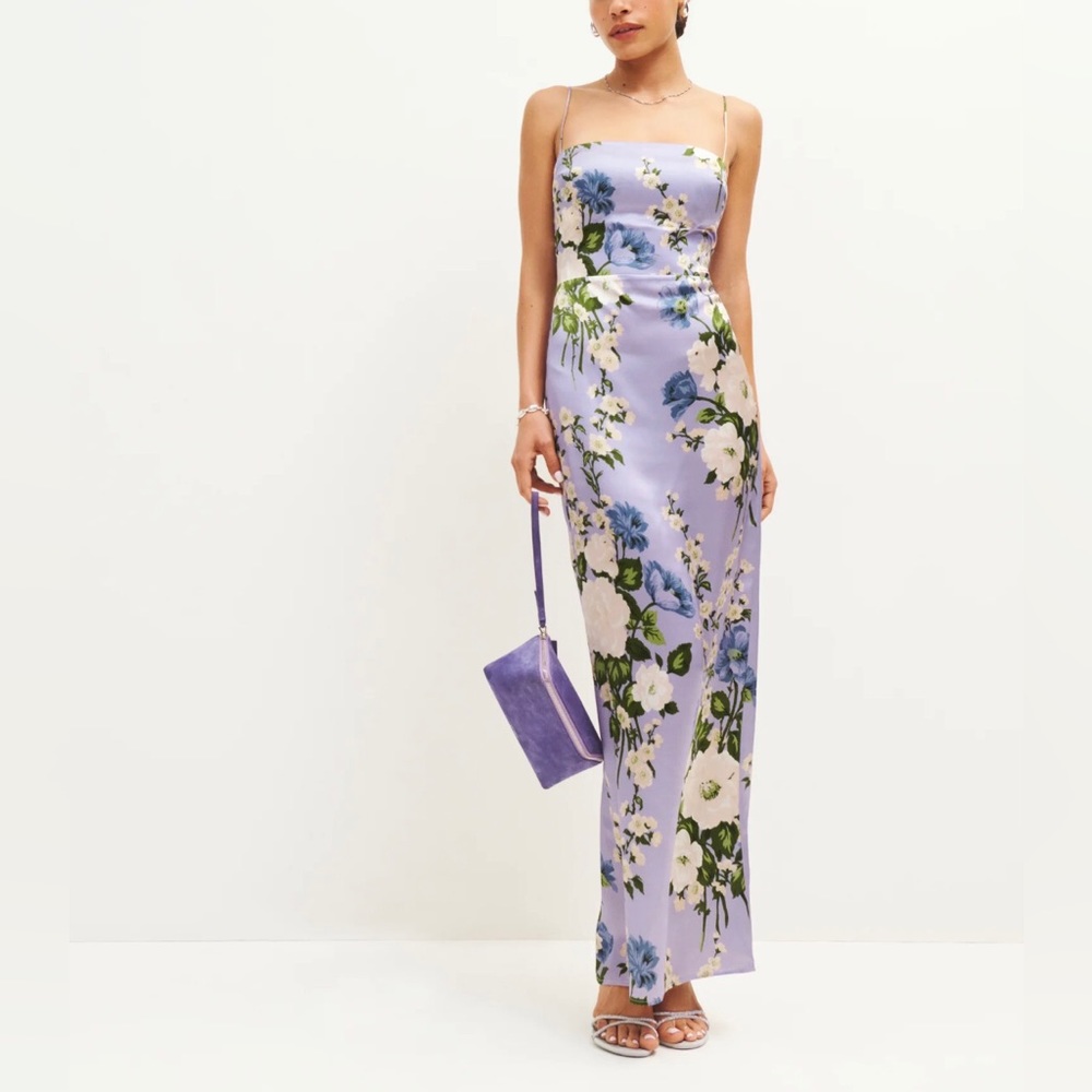 Reformation Frankie silk slip maxi dress Garden Soiree purple floral